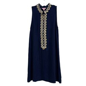 Lilly Pulitzer Navy Shift Dress Gold Embroidery Sleeveless Size 6